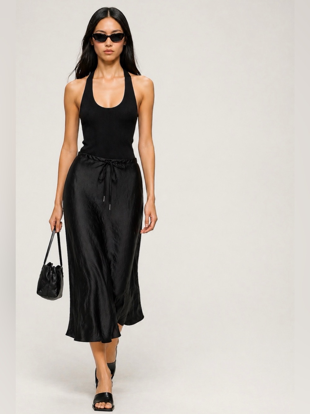 Alexander Wang T Black Crinkled Satin Midi Skirt Drawstring Minimalist Slip Lge